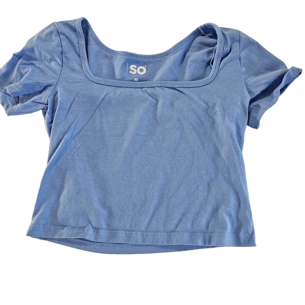 SO Womens Blue Short Sleeve Square Neck Top Medium Stretch Fitted Basic Tee